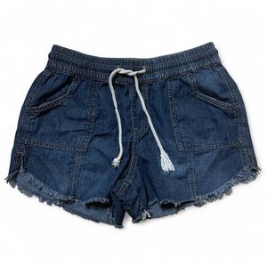 Maurice’s blue denim shorts with frayed hem and drawstring.